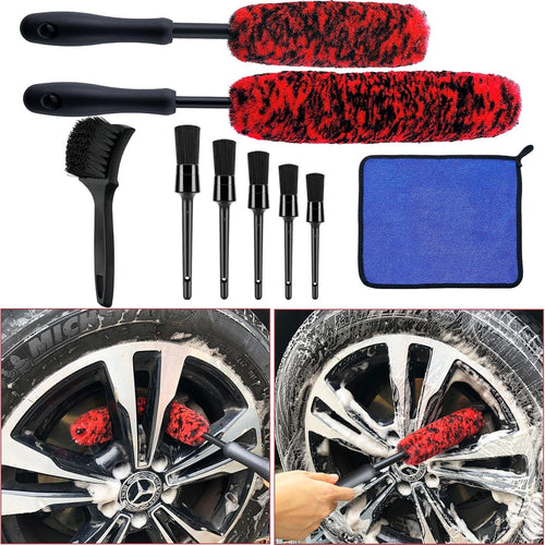 Latamil 9Pcs Wheel Tire Brush Set, Wheel Brushes for Cleaning Wheels Tire Rim, Soft Wheel Cleaner Brush, Bendable & Durable Car Wheel Rim Detailing Brush Kit for Cleaning Spokes, Fenders, Engines
