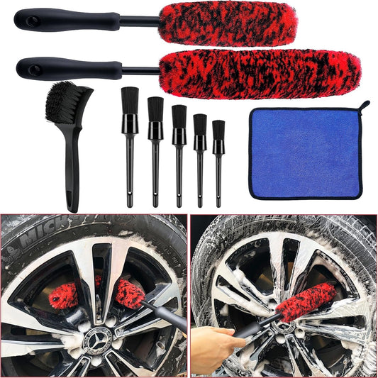 Latamil 9Pcs Wheel Tire Brush Set, Wheel Brushes for Cleaning Wheels Tire Rim, Soft Wheel Cleaner Brush, Bendable & Durable Car Wheel Rim Detailing Brush Kit for Cleaning Spokes, Fenders, Engines
