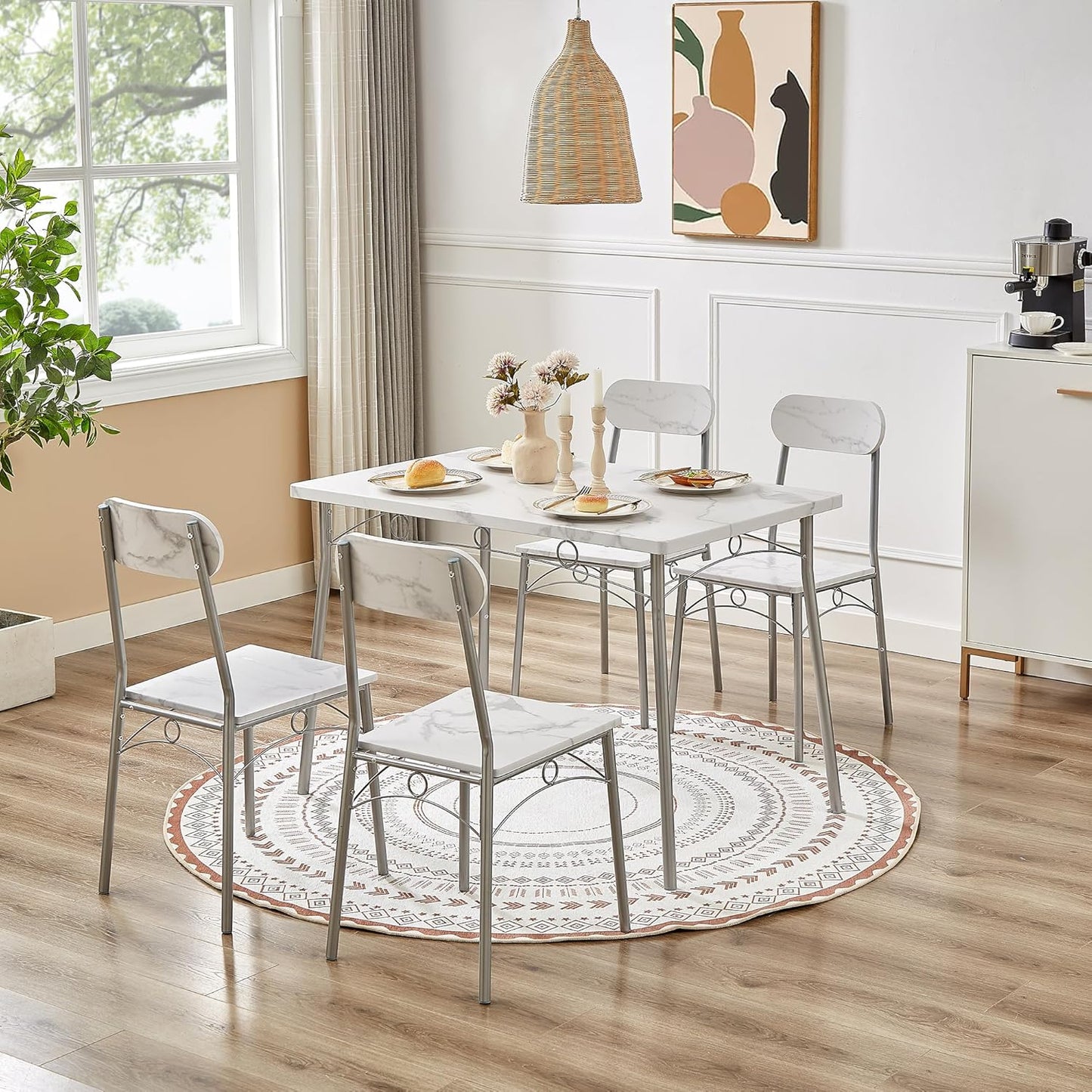 VECELO Dining Table Set for 4, 5-Piece Kitchen Table with 4 Chairs, MDF Board Tabletop with Metal Frame for Small Space, Compact Dinette, Breakfast Nook, White