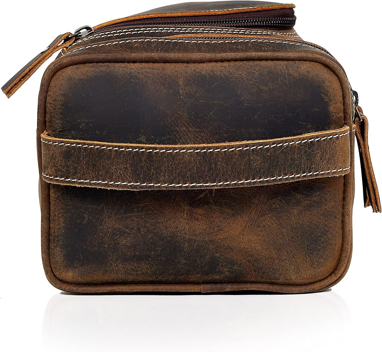 VC VINTAGE COUTURE Extra Large Leather Toiletry Bag for Men, Dopp Kit, Shaving Bag for Travel, Brown, 9.3 x 5.5 x 4.5 Inches