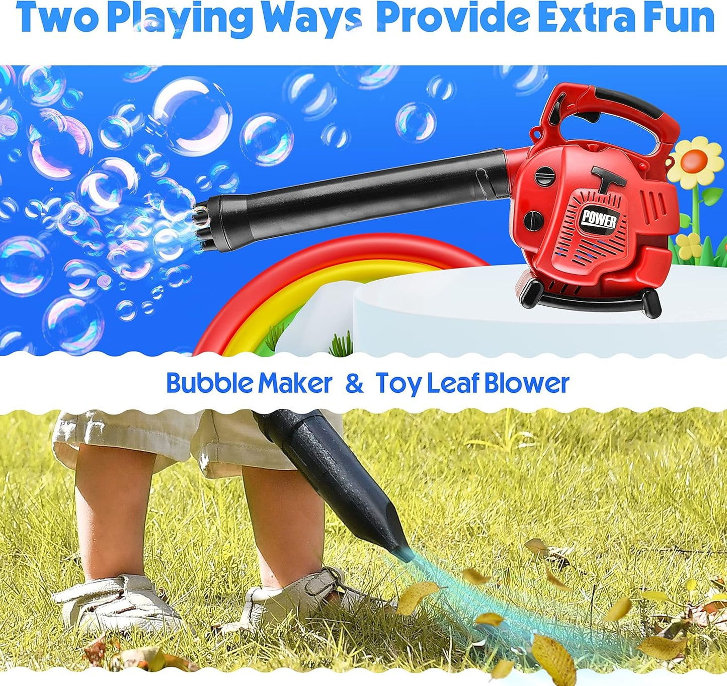 Bubble Leaf Blower - Toy Choi's Pretend Play Series 2 In 1 Kids Bubble Gun with Gardening Tool Set, Toy Leaf Blower Kit Outdoor Play Toys, Bubble Machine Gardening Kids Tool Set for Boys Girls Age 3 4 5+