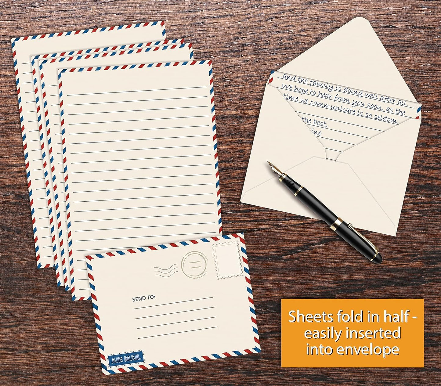 Better Office Products Mini Stationery Set, 100 Piece Set (50 Lined Sheets + 50 Matching Envelopes), 5.5 x 8.25 inch, Vintage Airmail Design, Double Sided Printing, Double Side Lined Paper, by