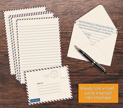 Better Office Products Mini Stationery Set, 100 Piece Set (50 Lined Sheets + 50 Matching Envelopes), 5.5 x 8.25 inch, Vintage Airmail Design, Double Sided Printing, Double Side Lined Paper, by