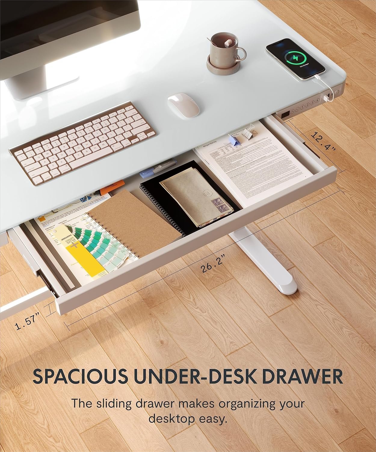 Flexispot Electric Height Adjustable Standing Desk with Drawer 48 x 24 Inch Tempered Glass White Desktop & Frame Home Office Computer Workstation (2.4A USB Charge Ports, Memory Controller, Child Lock)