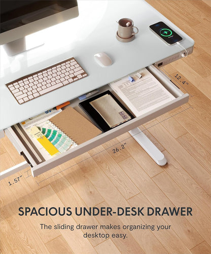 Flexispot Electric Height Adjustable Standing Desk with Drawer 48 x 24 Inch Tempered Glass White Desktop & Frame Home Office Computer Workstation (2.4A USB Charge Ports, Memory Controller, Child Lock)