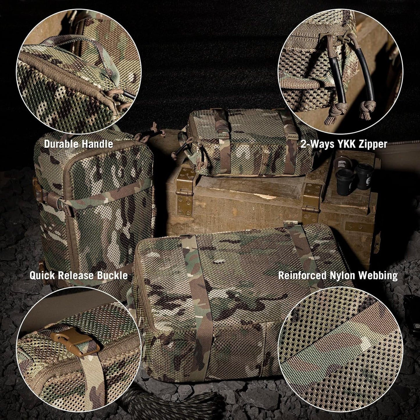 PETAC GEAR 3 PCS Tactical Modular Packing Cubes, Large Capacity Mesh Storage Bag,Outdoor Travel Organize Storage Pouches Bags., camouflage, Large, Quick Dry Mesh