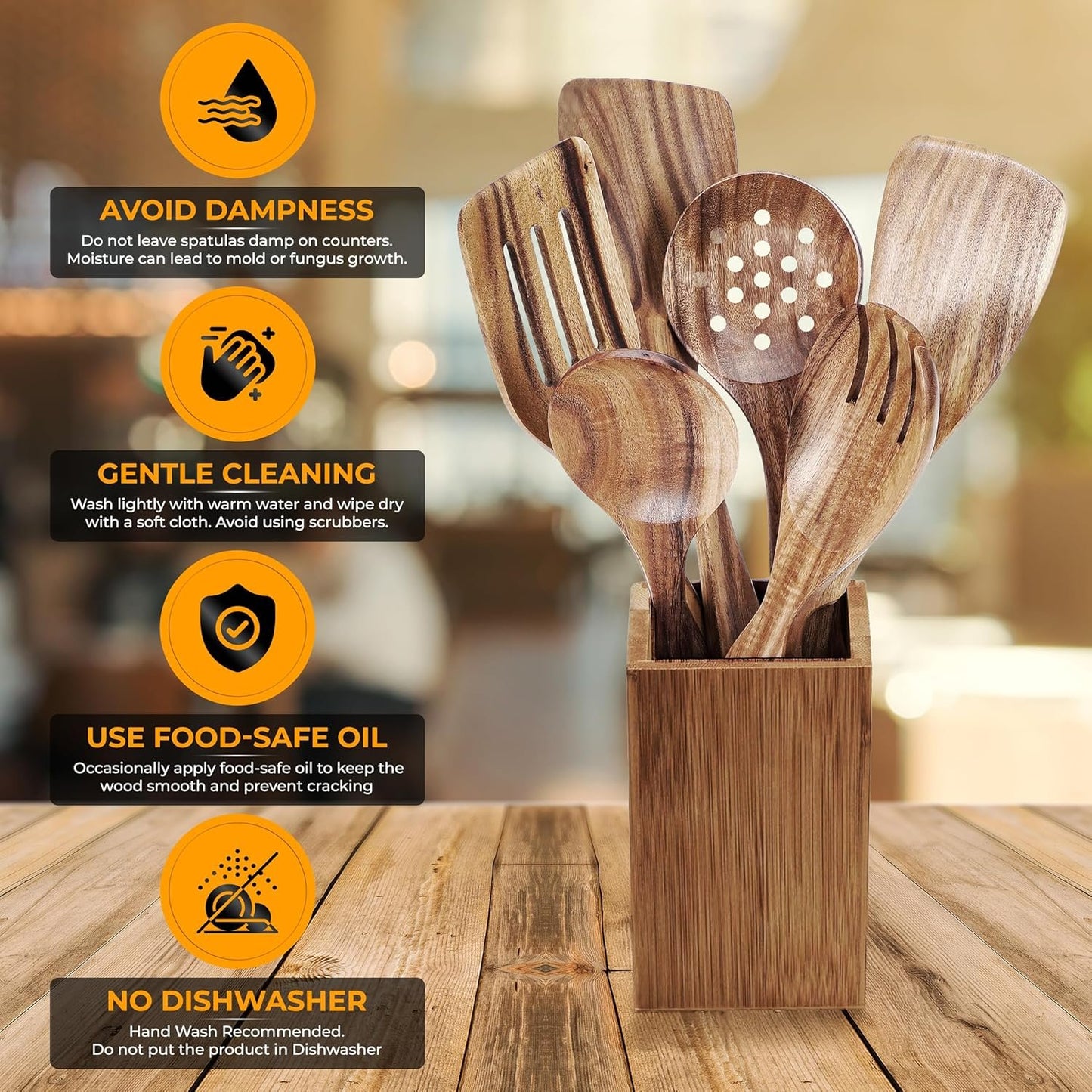 6-Piece Wooden Spoons for Cooking, Acacia Wood Cooking Utensils Set, Kitchen Utensils for Nonstick Pans and Cookware | Wooden Spatulas & Spoons | Heat Resistant, Comfort Grip, Eco-Friendly, Non Toxic