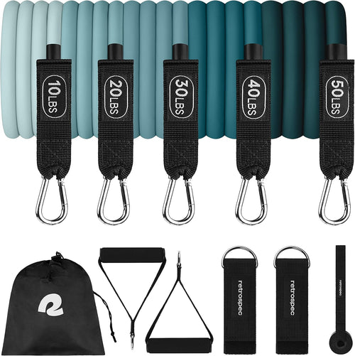 Retrospec Train Resistance Bands Set (5pc) Workout Bands w/Handles, Door Anchor, Carry Bag for Women & Men