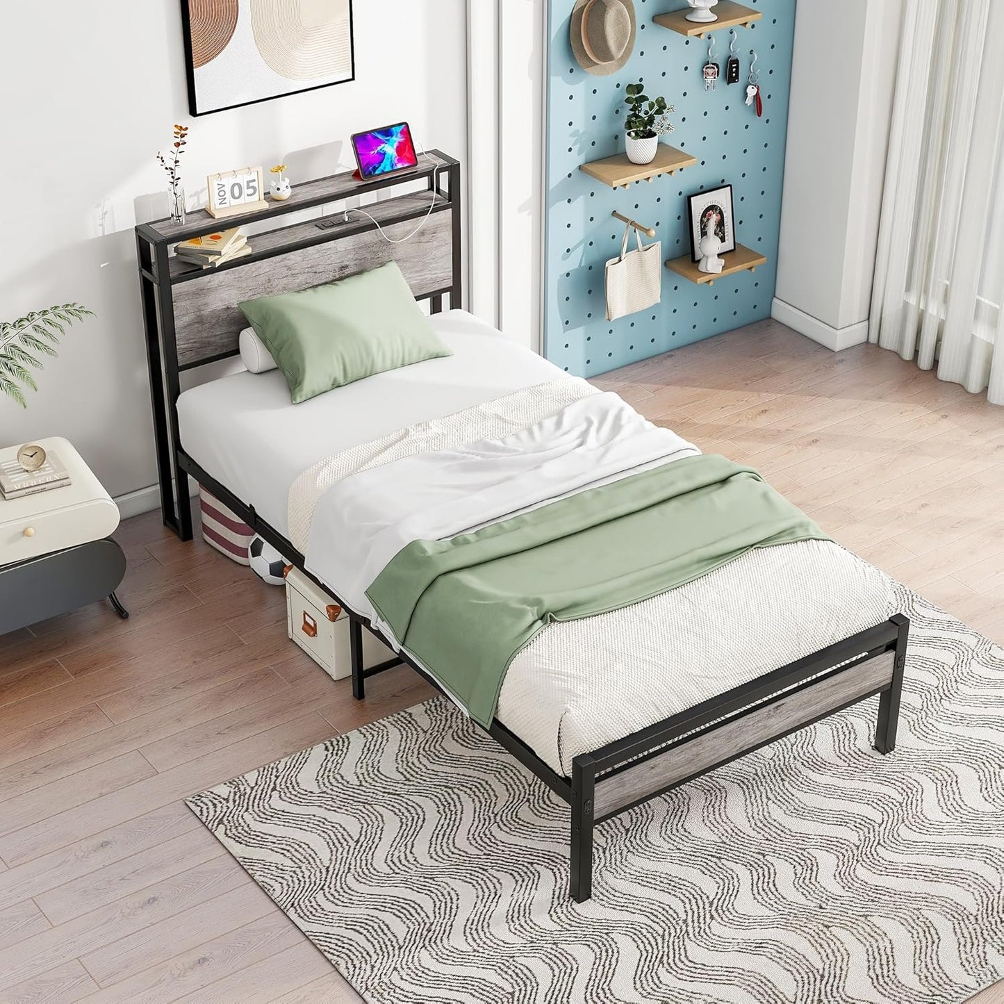 HOJINLINERO Twin Bed Frame with Storage Headboard/USB Charging Station,Single Bed Frame Twin Size No Box Spring Needed,Heavy Duty Platform Metal Slats,Easy Assembly,Bedroom Furniture,Black + Warm Grey