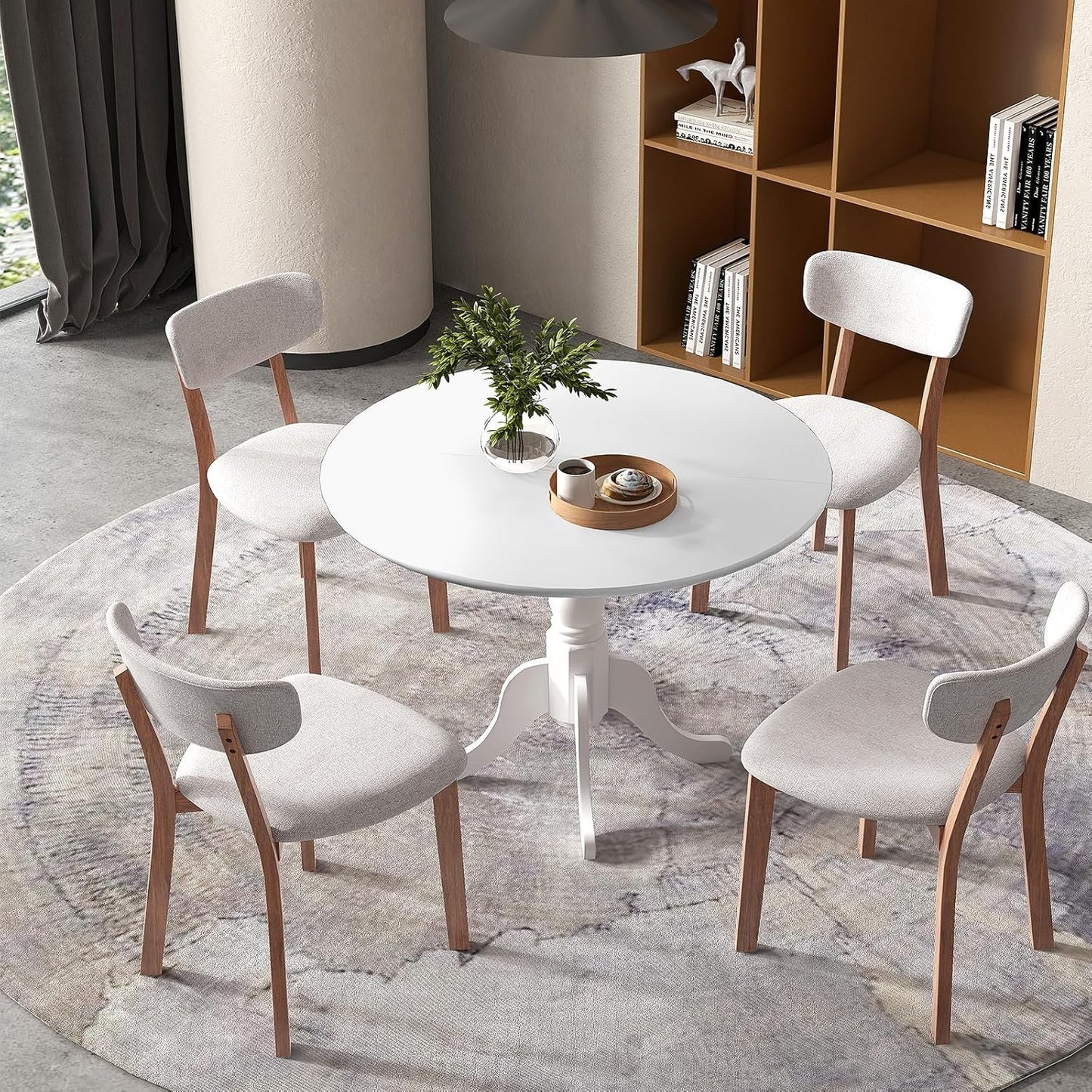 SILKYDRY 39-inch Round Dining Table, Mid Century Modern Kitchen Table with Circle Tabletop & Curved Trestle Legs, Pedestal Dinette for 4, Suitable for Leisure Café Bistro (White)