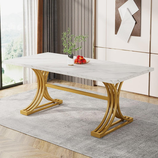 Tribesigns 63-Inch Rectangular Dining Table for 4 to 6, Modern Kitchen Table with Stylish Metal Trestle Legs, Large Dinner Tabletop for Dining Room, Chair Not Included (White+Gold)