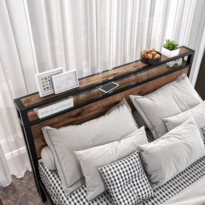 FOUBAM Queen Bed Frame with Storage Headboard,Metal Platform Bed Frame Queen Size Mattress Base No Box Spring Needed,Heavy Duty Metal Slats,Under Bed Storage,Noise-Free,Brown