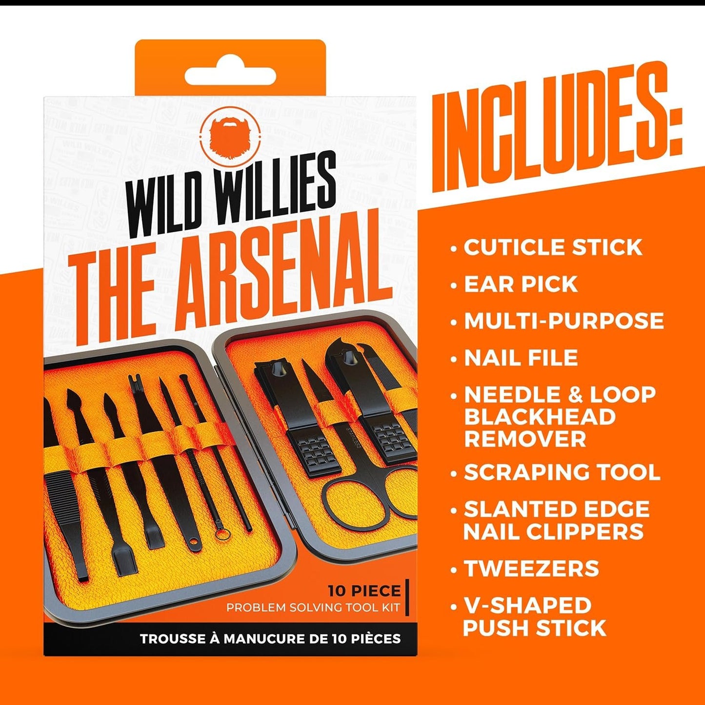 Wild Willies Mens Grooming Kit - 10-Piece Multifunctional Pedicure & Manicure Kit for Women & Men - Personal Hygiene Kit includes Tweezers & Nail Clipper Set, Scissors, Scraping Tool, & More