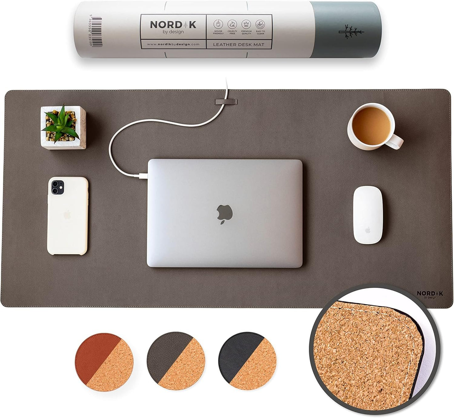 Nordik Cork Leather Desk Mat Cable Organiser (Gunmetal Grey 89 X 43 cm) Premium Extended Mouse Mat for Home Office Accessories - Non-Slip Vegan Leather Desk Pad Protector & Desk Blotter Pad Mousepad