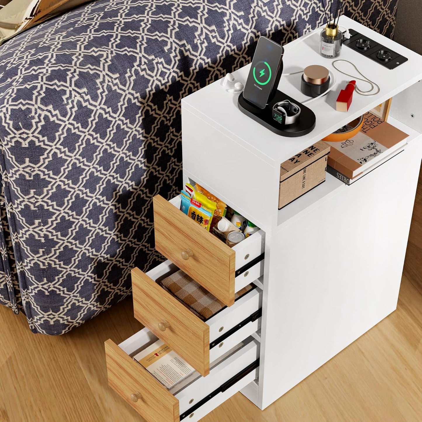Set of 2 Narrow Bedside Table with USB Sockets and Ports, Bedside Table with Day Compartments and Drawer, Space-Saving Night Table for Bedroom Living Room, 45 x 25 x 70 cm, Narrow Bedside Tables in