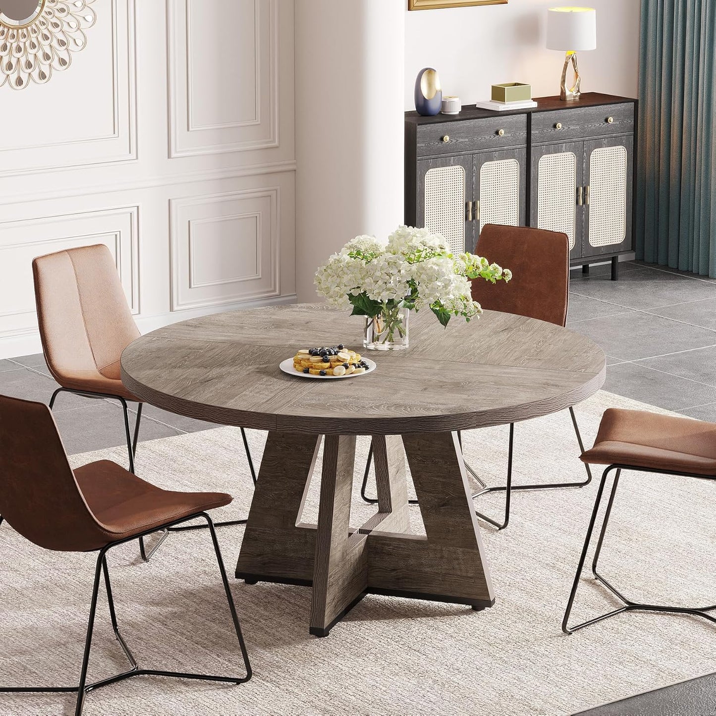 Tribesigns Round Dining Table for 4, 47 Inch Grey Kitchen Table Large Dinner Table Farmhouse Wood Kitchen Dinning Table for Dining Room Kitchen,Living Room (Chairs not Included)