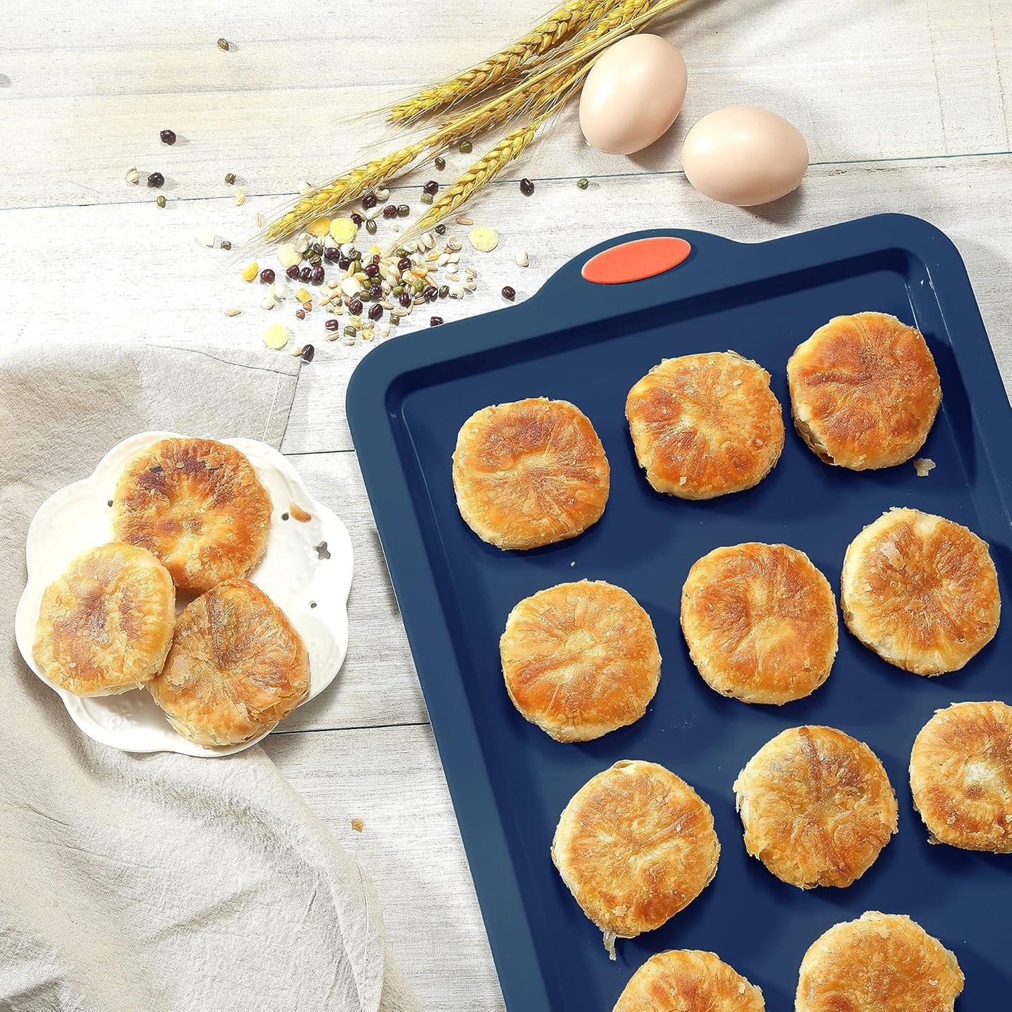 To encounter Silicone Baking Pans Set, 4 Pieces Nonstick Bakeware Set with Baking Pans, Baking Sheets, Cookie Sheets, Cake Pan with Metal Reinforced Frame More Strength, Navy Blue