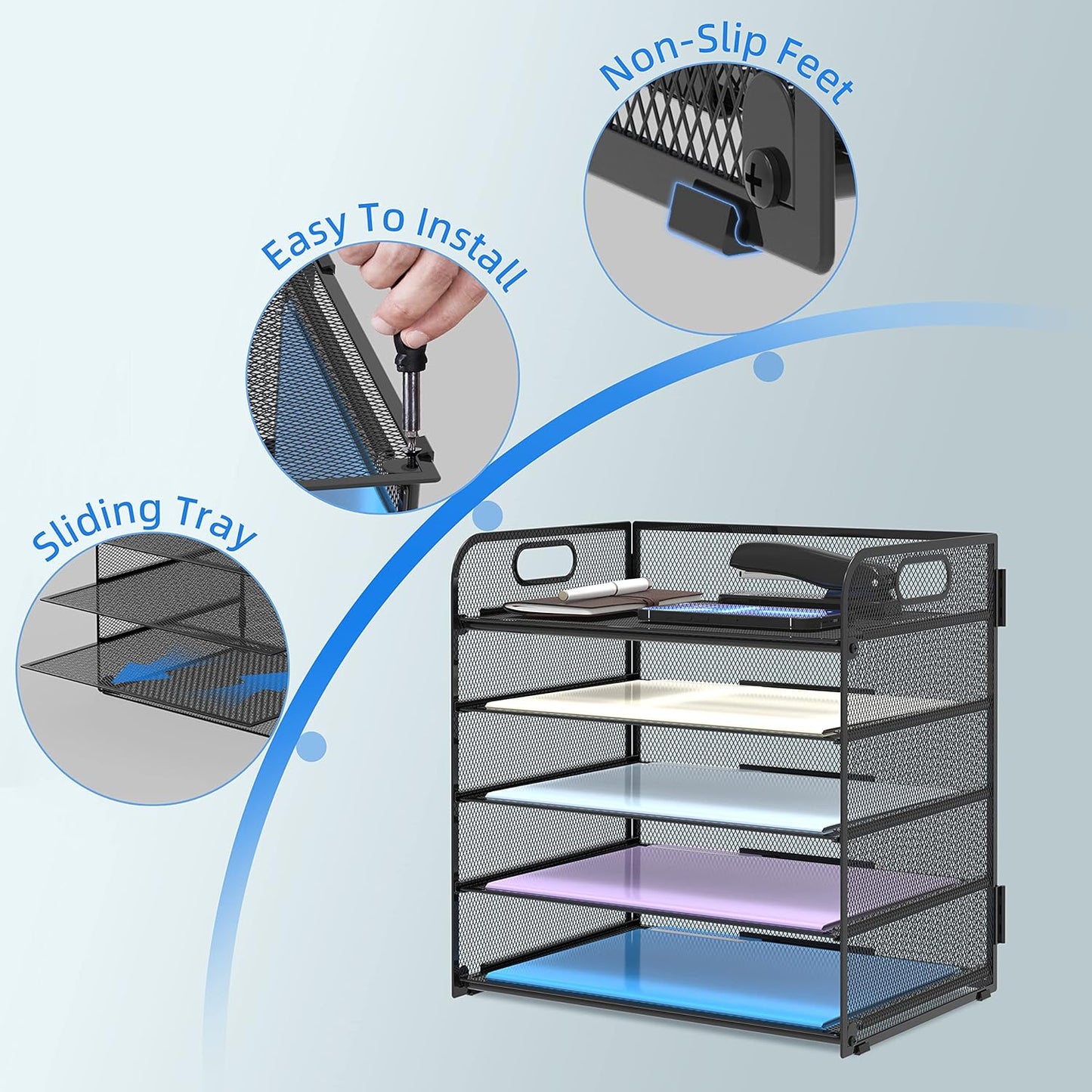 Supeasy 5 Trays Paper Organizer Letter Tray with Handle-Mesh Desk File Organizer, Paper Sorter Desk Organizer for Office, Home or School