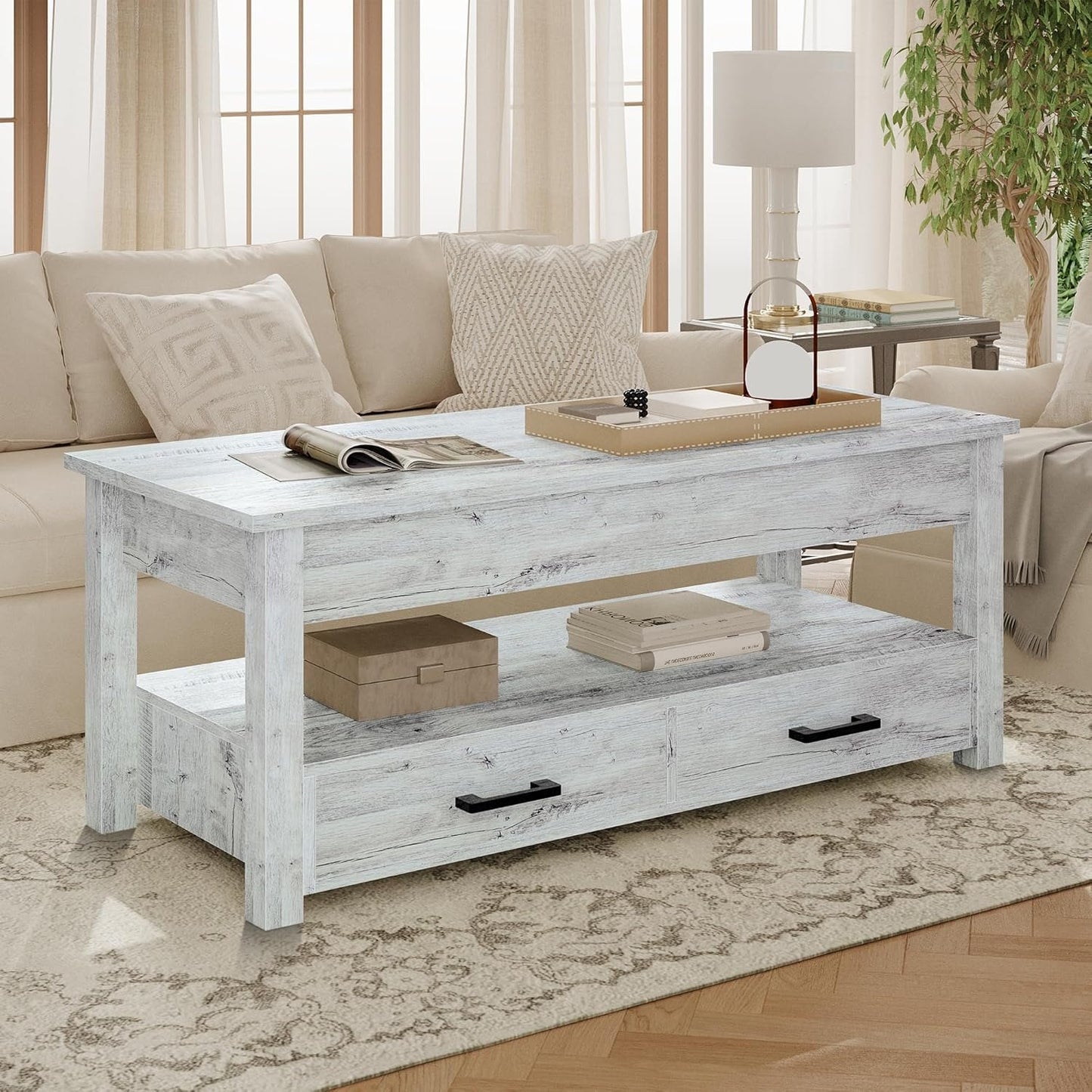 FABATO 47.2 inch Lift Top Coffee Table with Storage Drawers, Hidden Compartment, Large Farmhouse Table Lift Tabletop, Rising Tabletop Dining Table for Living Room Reception Room, Gray