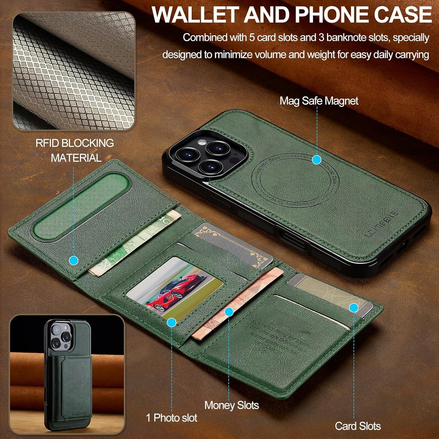 GoshukunTech for iPhone 16 Pro Wallet Case with Card Holder,for iPhone 16 Pro Magnetic Case[Detachable Card Pocket] Leather Flip Cover[Support Magsafe or Wireless Charging]-Green