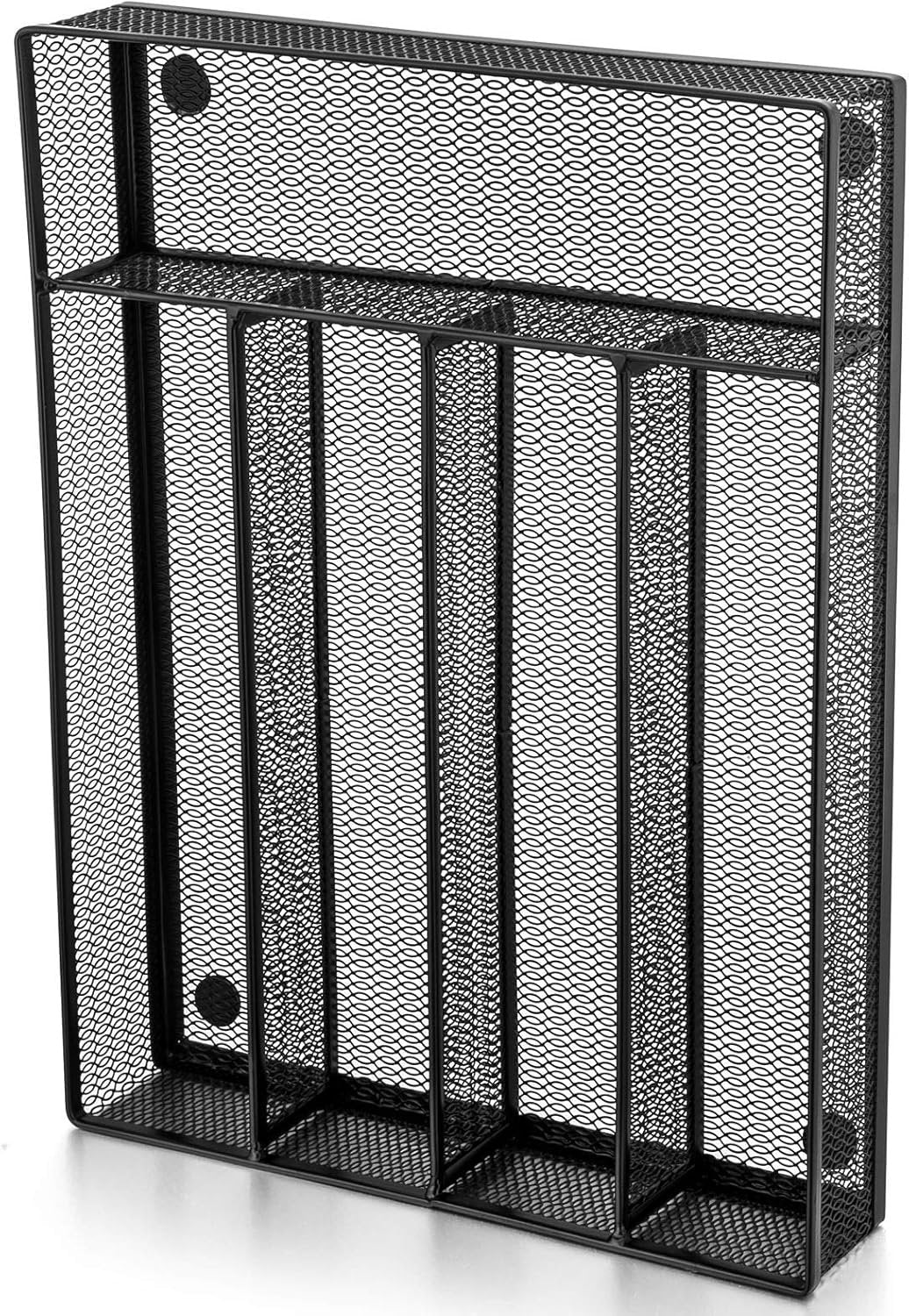 E-far Kitchen Drawer Organizer, Mesh Wire Utensil Tray Drawer Organizer, Black Narrow Metal Silverware Flatware Cutlery Holder/Divider with Foam Feet, 5 Compartment & Small Size - 12.5 x 9.25-Inch