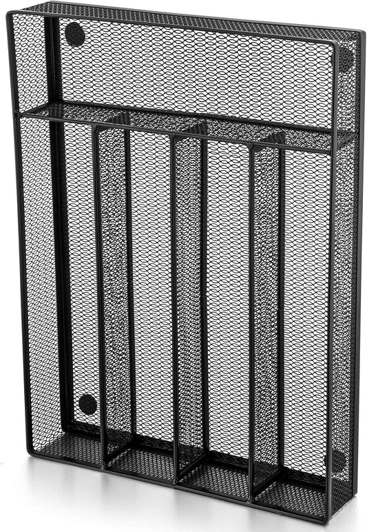 E-far Kitchen Drawer Organizer, Mesh Wire Utensil Tray Drawer Organizer, Black Narrow Metal Silverware Flatware Cutlery Holder/Divider with Foam Feet, 5 Compartment & Small Size - 12.5 x 9.25-Inch