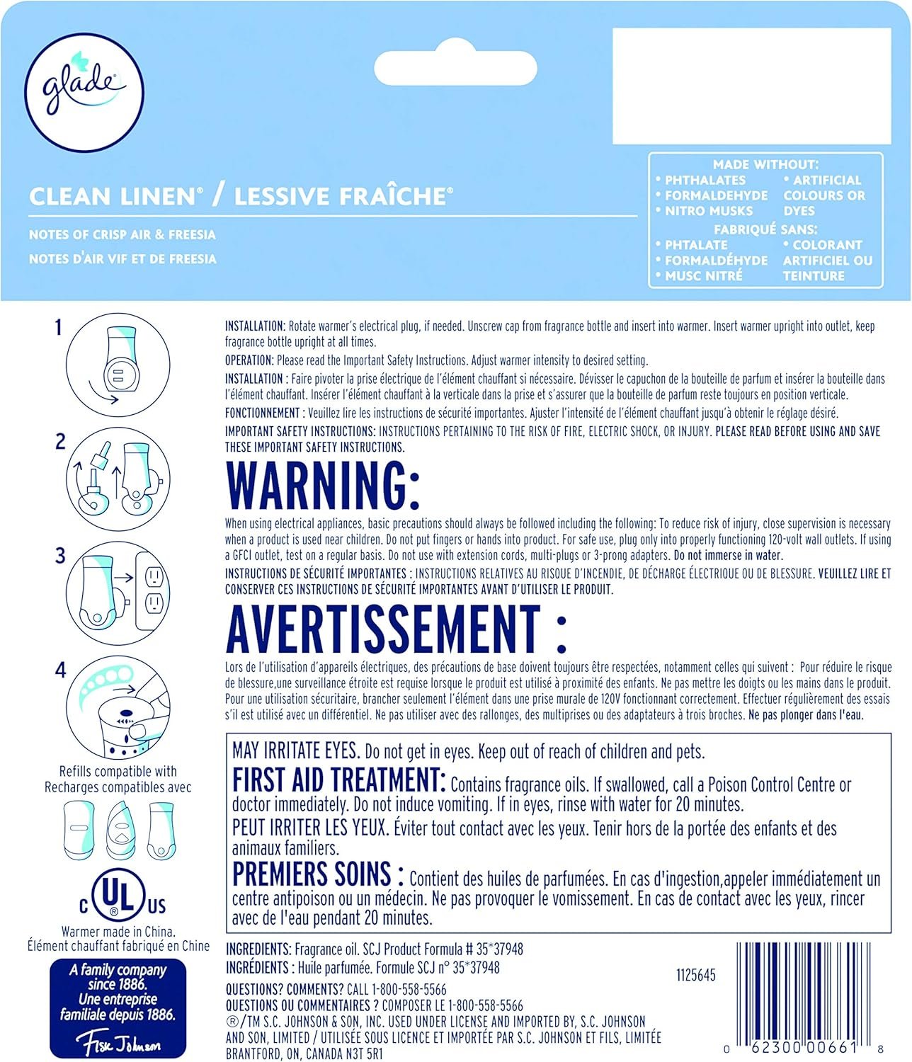 Glade PlugIns Air Freshener Starter Kit, Scented and Essential Oils for Home and Bathroom, Clean Linen, 2 Warmers and 6 Refills