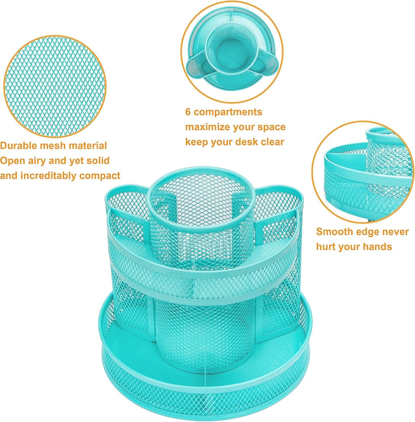Annova Mesh Desk Organizer Rotate with 6 Compartments Round Spinning Tidy Candy/Pen Holder Desk Accessories Office, Art Supply, Storage, Classroom, Home (Turquoise)
