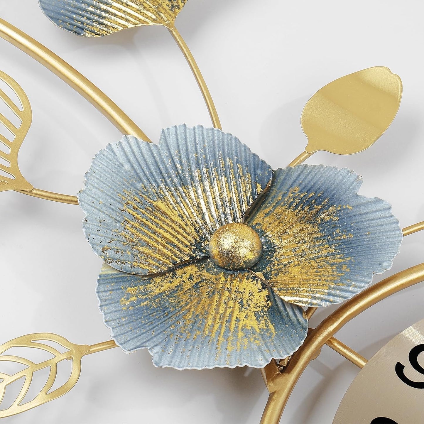 Lafocuse 37x14 Inch Silent Metal Modern Ginkgo Leaf Wall Clock for Living Room, Blue and Gold Large Wall Clock for Home Decor, Horloge Murale Decorative for Dinning Room Bedroom Office Kitchen