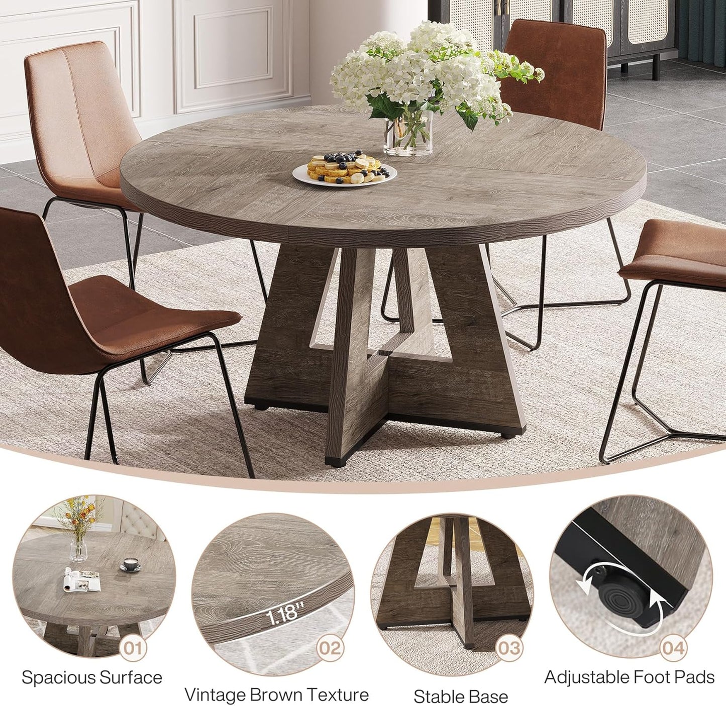 Tribesigns Round Dining Table for 4, 47 Inch Grey Kitchen Table Large Dinner Table Farmhouse Wood Kitchen Dinning Table for Dining Room Kitchen,Living Room (Chairs not Included)