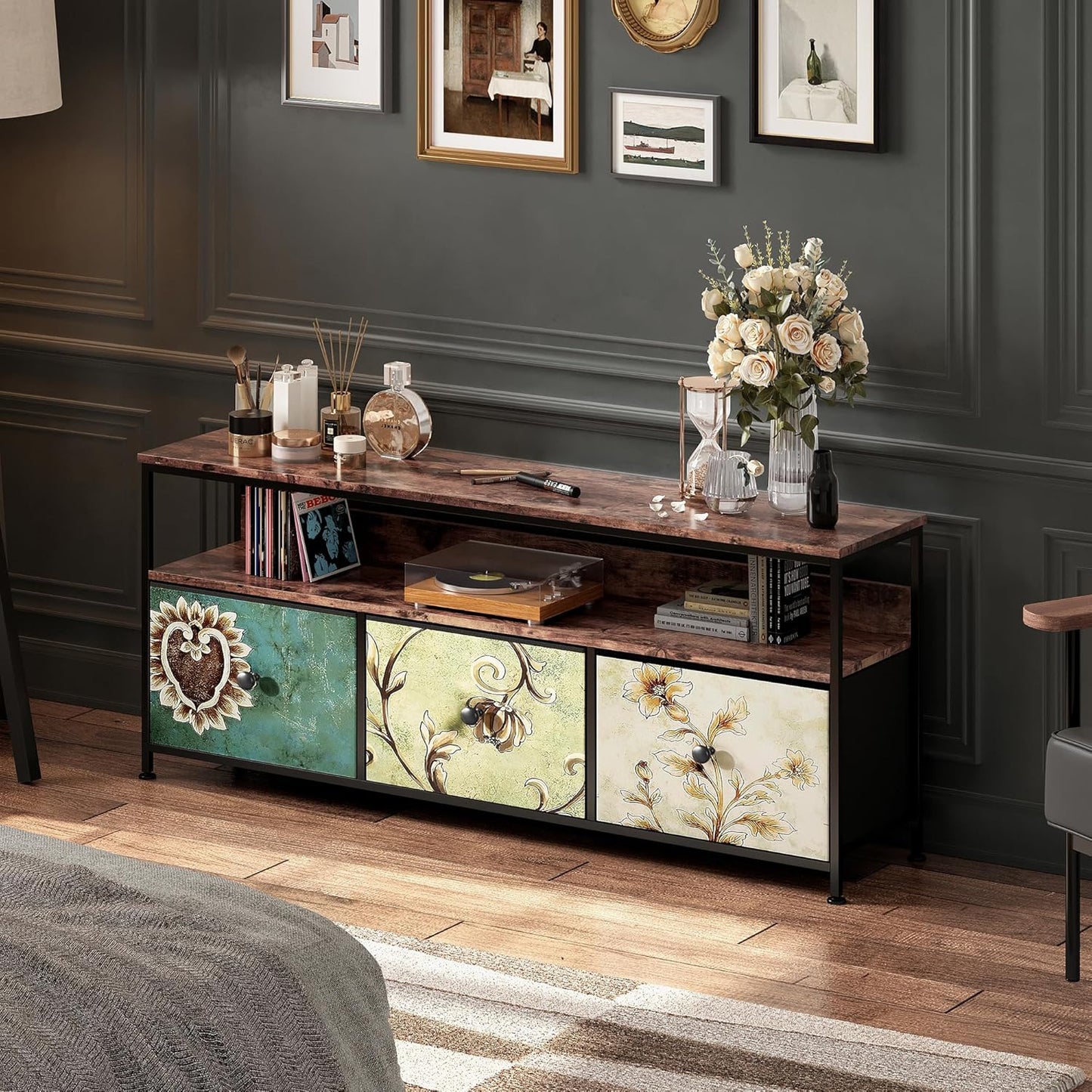 TV Cabinet 108 cm with LED Lights, 108 × 29.8 × 57 cm, Industrial TV Cabinet with 3 Drawers, Living Room TV Cabinet with LED for Bedroom, Dining Room, Living Room