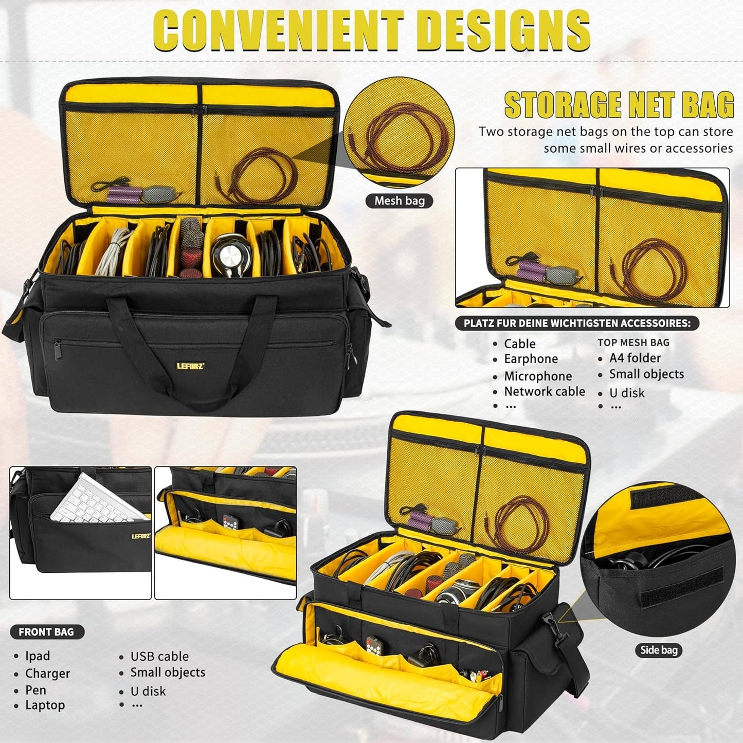 Large DJ Cable File Gig Bag DJ Equipment Organizer Bag with Detachable Dividers and Padded Bottom,Travel Music Bag for Professional DJ Gear,Sound Equipment, Musical Instrument and Accessories