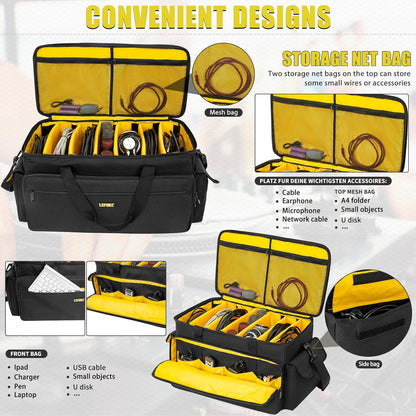 Large DJ Cable File Gig Bag DJ Equipment Organizer Bag with Detachable Dividers and Padded Bottom,Travel Music Bag for Professional DJ Gear,Sound Equipment, Musical Instrument and Accessories