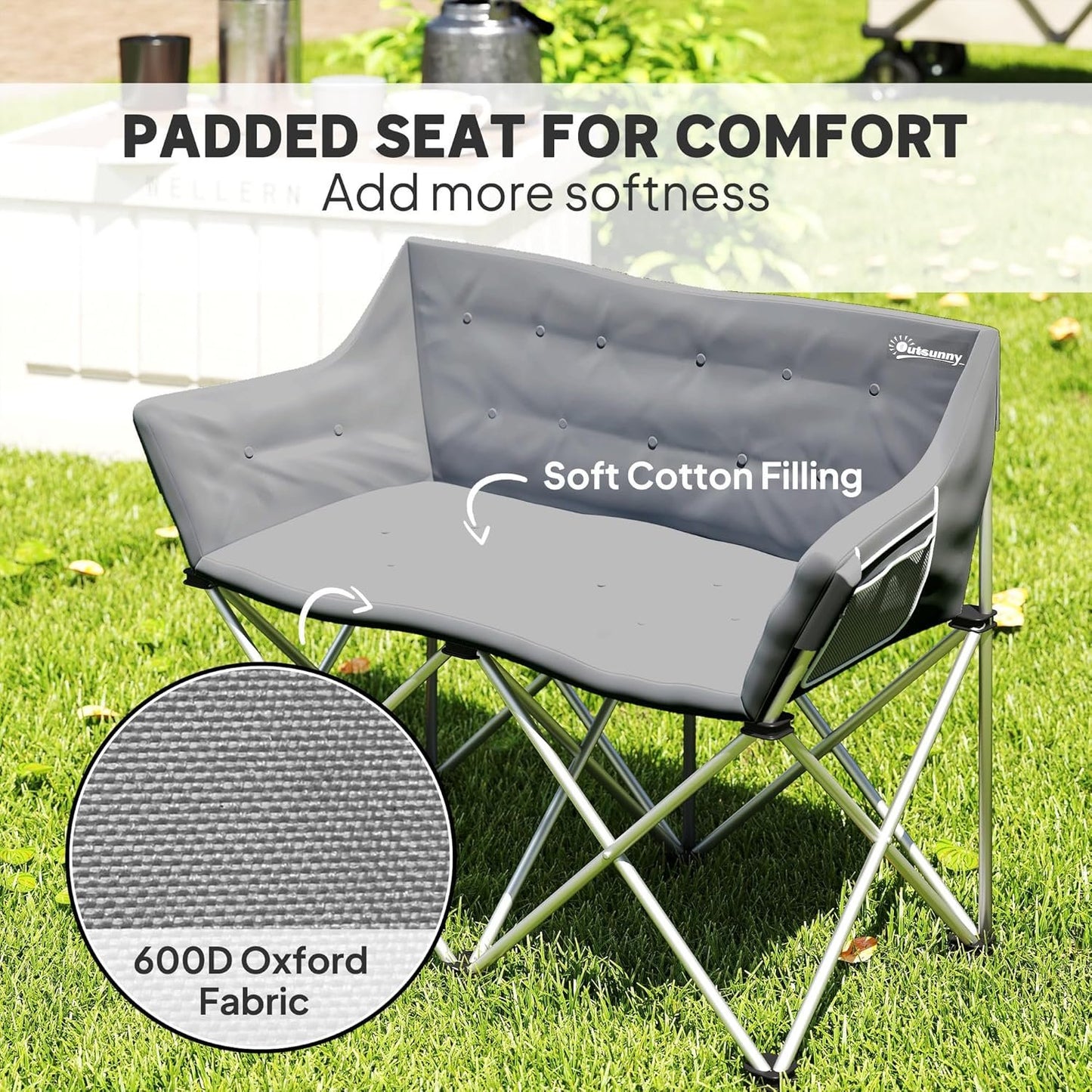 Outsunny Double Camping Chair, Oversized Camping Loveseat for Adults, Heavy Duty Folding Camp Chair with Side Pockets for Hiking, Picnic, Beach, Support 529 lbs, Grey