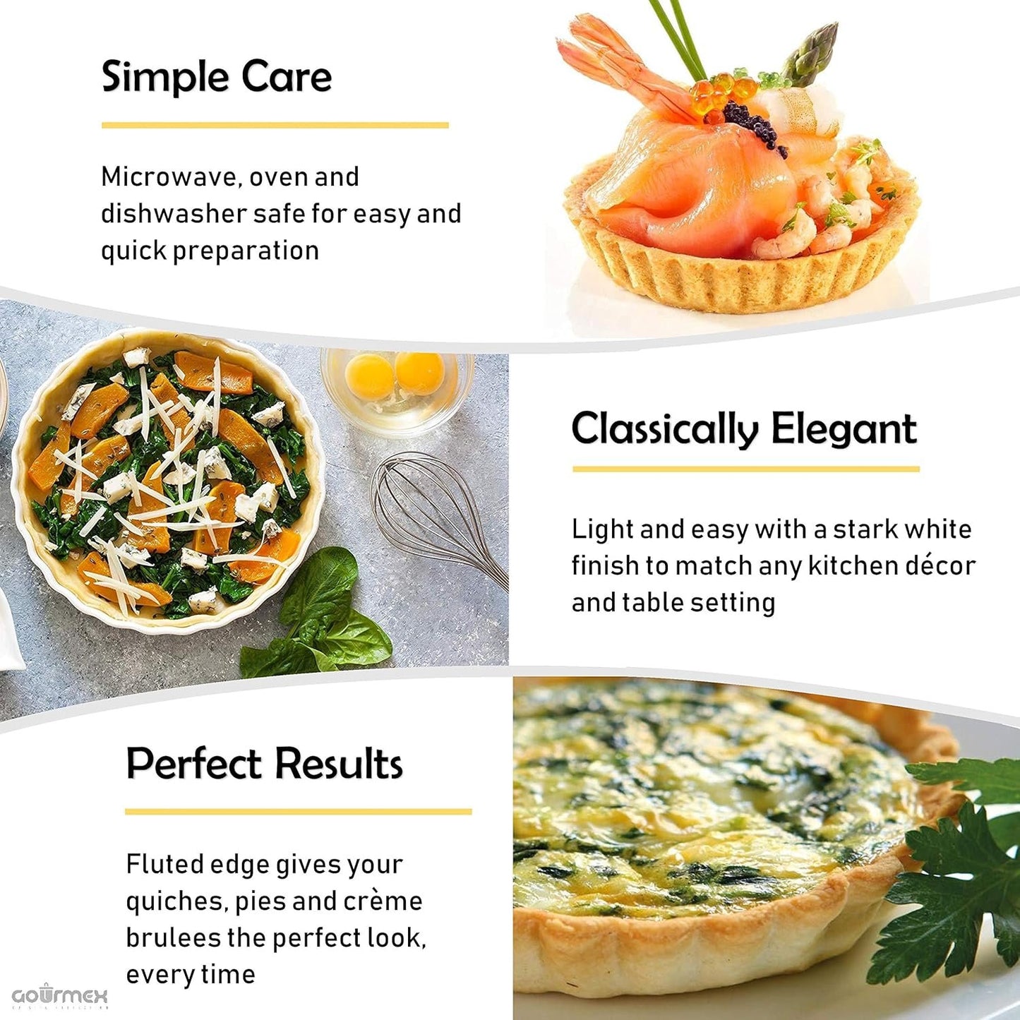 GOURMEX White, Fluted Quiche Baking Dish | Ceramic Nonstick Pan | Perfect for Baking Tart Pies, Creme Brulee, Custard Dishes and Cheesecake | Porcelain (25cm Round)