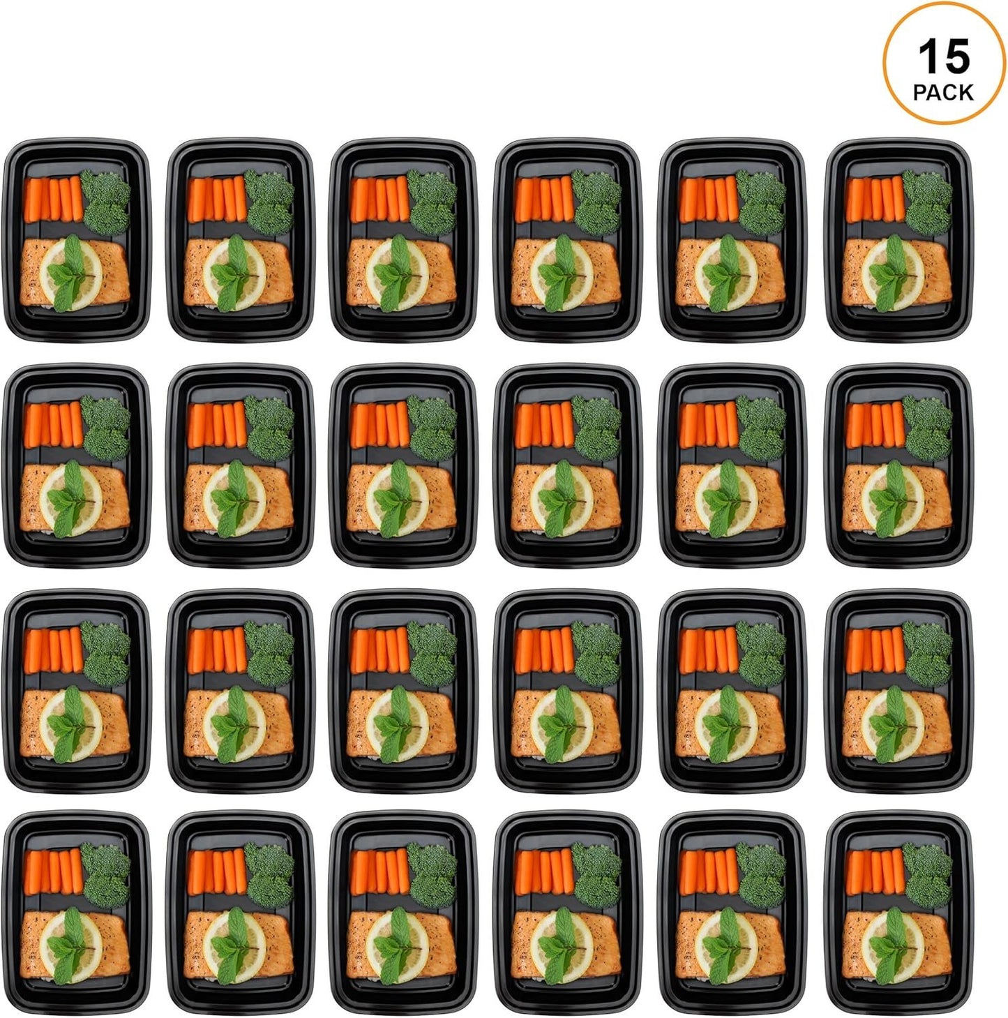 Freshware Meal Prep Containers [15 Pack] 1 Compartment Food Storage Containers with Lids, Bento Box, BPA Free, Stackable, Microwave/Dishwasher/Freezer Safe (28 oz) Black