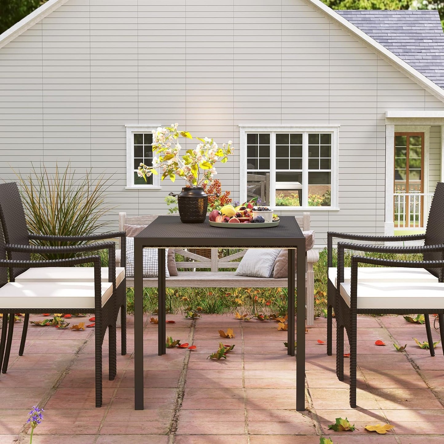 Outsunny 47" Patio Dining Table for 4 Persons, Rectangular Outdoor Table with PE Rattan Wicker Tabletop, Steel Frame for Backyard and Lawn, Black