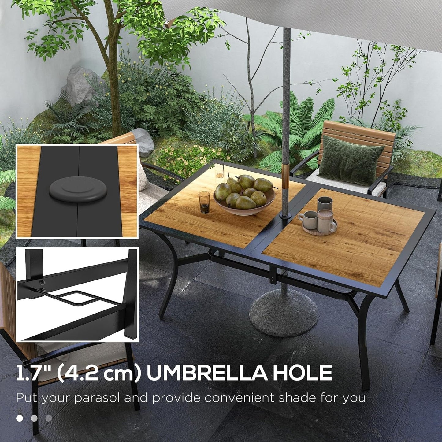 Outsunny Outdoor Dining Table with Umbrella Hole, Rectangular Patio Dining Table for 6 with Steel Frame and Wood-Like Plastic Top for Garden, Balcony, Brown