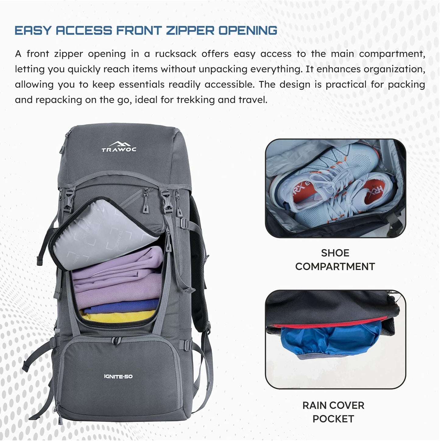 TRAWOC IGNITE 50 L Travel Bag Front & Top Open Backpack for Hiking Trekking Camping, Rucksack for Men & Women with Rain Cover and Shoe Compartment