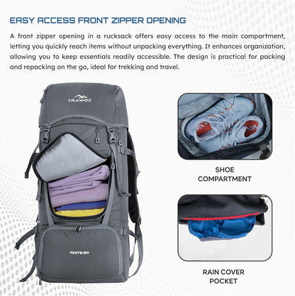 TRAWOC IGNITE 50 L Travel Bag Front & Top Open Backpack for Hiking Trekking Camping, Rucksack for Men & Women with Rain Cover and Shoe Compartment