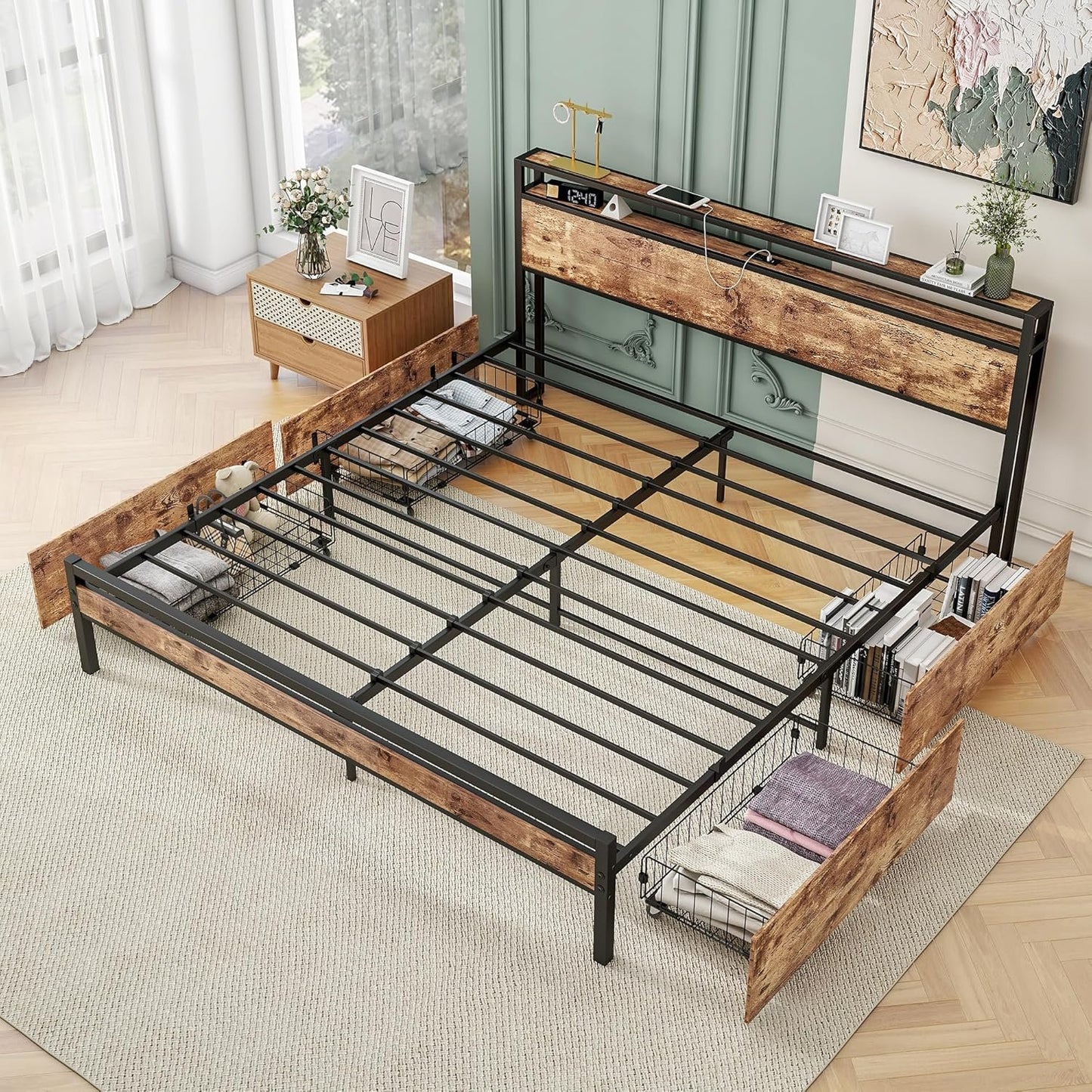 BOFENG Black King Size Bed Frame with 2-Tier Storage Headboard and Power Outlets,Charging Station,Platform Bed Frame King Size with 4 Storage Drawers,No Box Spring Needed,Sturdy and Noise Free,Brown