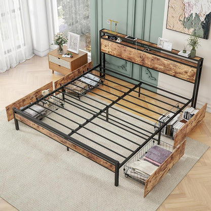 BOFENG Black King Size Bed Frame with 2-Tier Storage Headboard and Power Outlets,Charging Station,Platform Bed Frame King Size with 4 Storage Drawers,No Box Spring Needed,Sturdy and Noise Free,Brown