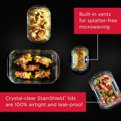 Rubbermaid Brilliance Glass Food Storage Set of 4 containers, 8 Total Pieces (4 containers + 4 lids) for Lunch, Meal Prep, and Leftovers, Dishwasher and Oven Safe, Clear/Grey