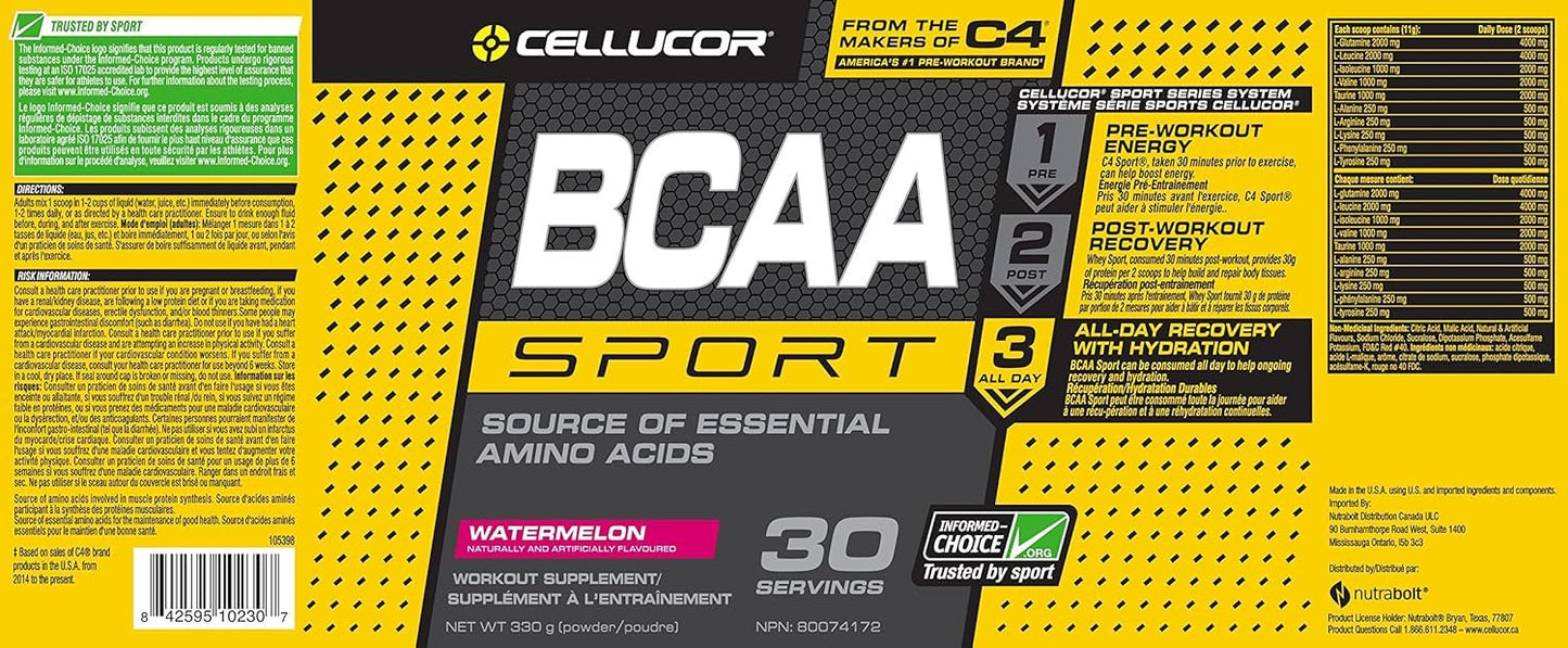 Cellucor BCAA Sport, Post-Workout Intra Workout Powder Sports Drink Supplements for Hydration Endurance & Recovery, Watermelon, 30 Servings