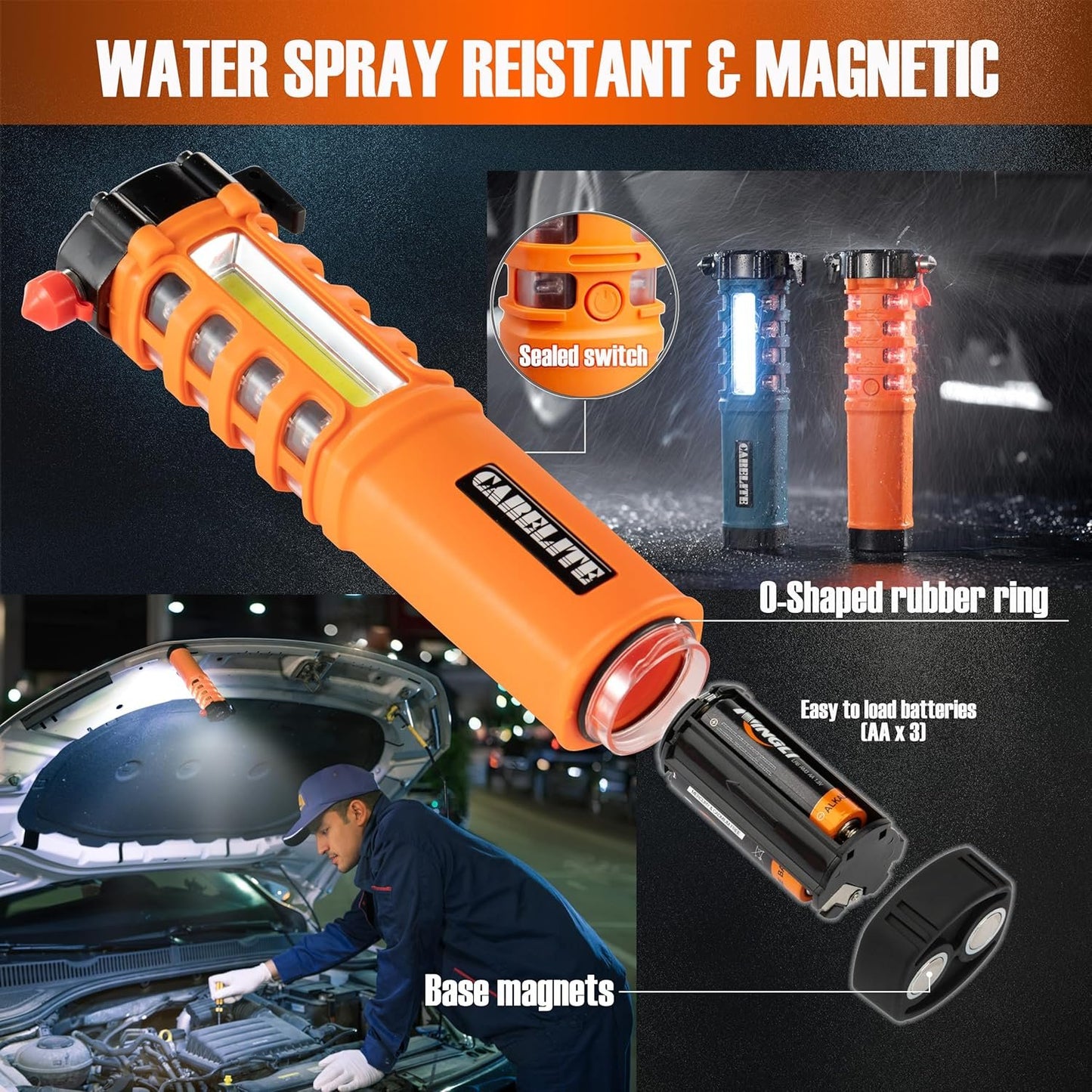 Emergency Car Flashlight with Seatbelt Cutter and Window Breaker, LED Work Light & Flash Beacon, Life-Saving Car Escape Tool for Roadside Safety (Orange)