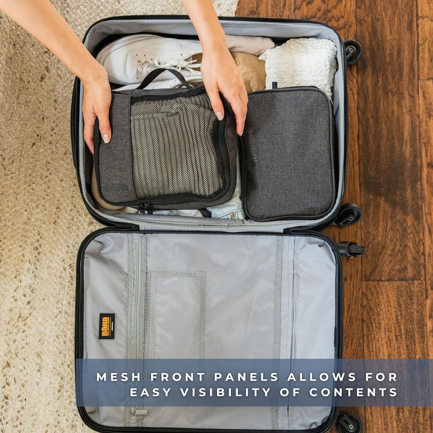 BÄRA Travel Accessories - Set of 2 Space Saving Packing Cubes for Carry On Suitcase Luggage Organization - Medium and Small Packing Organizers with a Mesh Top for Lightweight Travel Organization, Grey