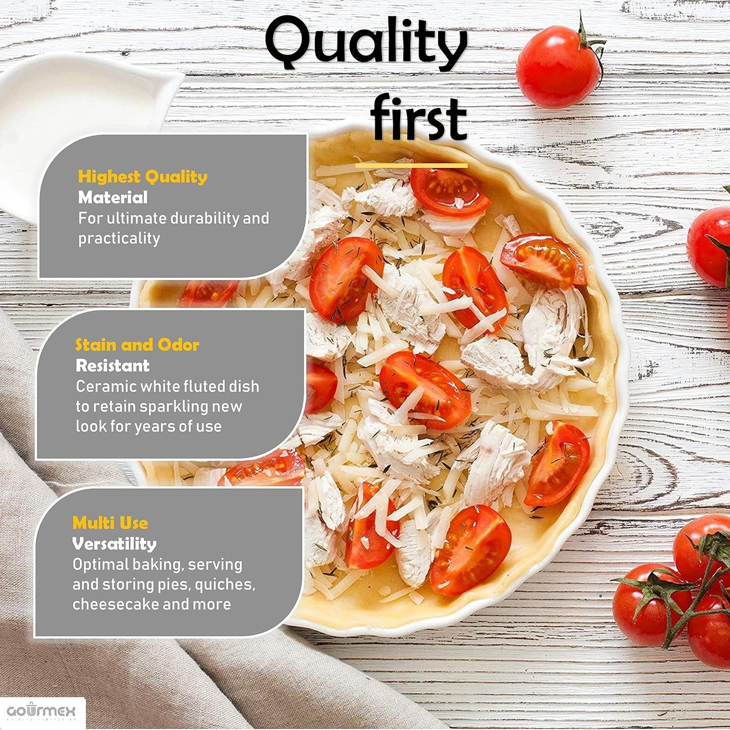 GOURMEX White, Fluted Quiche Baking Dish | Ceramic Nonstick Pan | Perfect for Baking Tart Pies, Creme Brulee, Custard Dishes and Cheesecake | Porcelain (25cm Round)