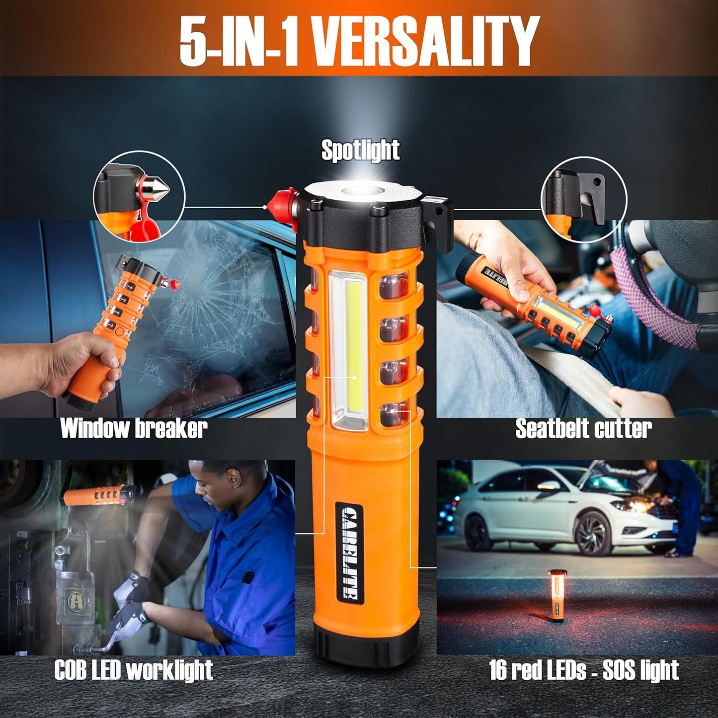 Emergency Car Flashlight with Seatbelt Cutter and Window Breaker, LED Work Light & Flash Beacon, Life-Saving Car Escape Tool for Roadside Safety (Orange)