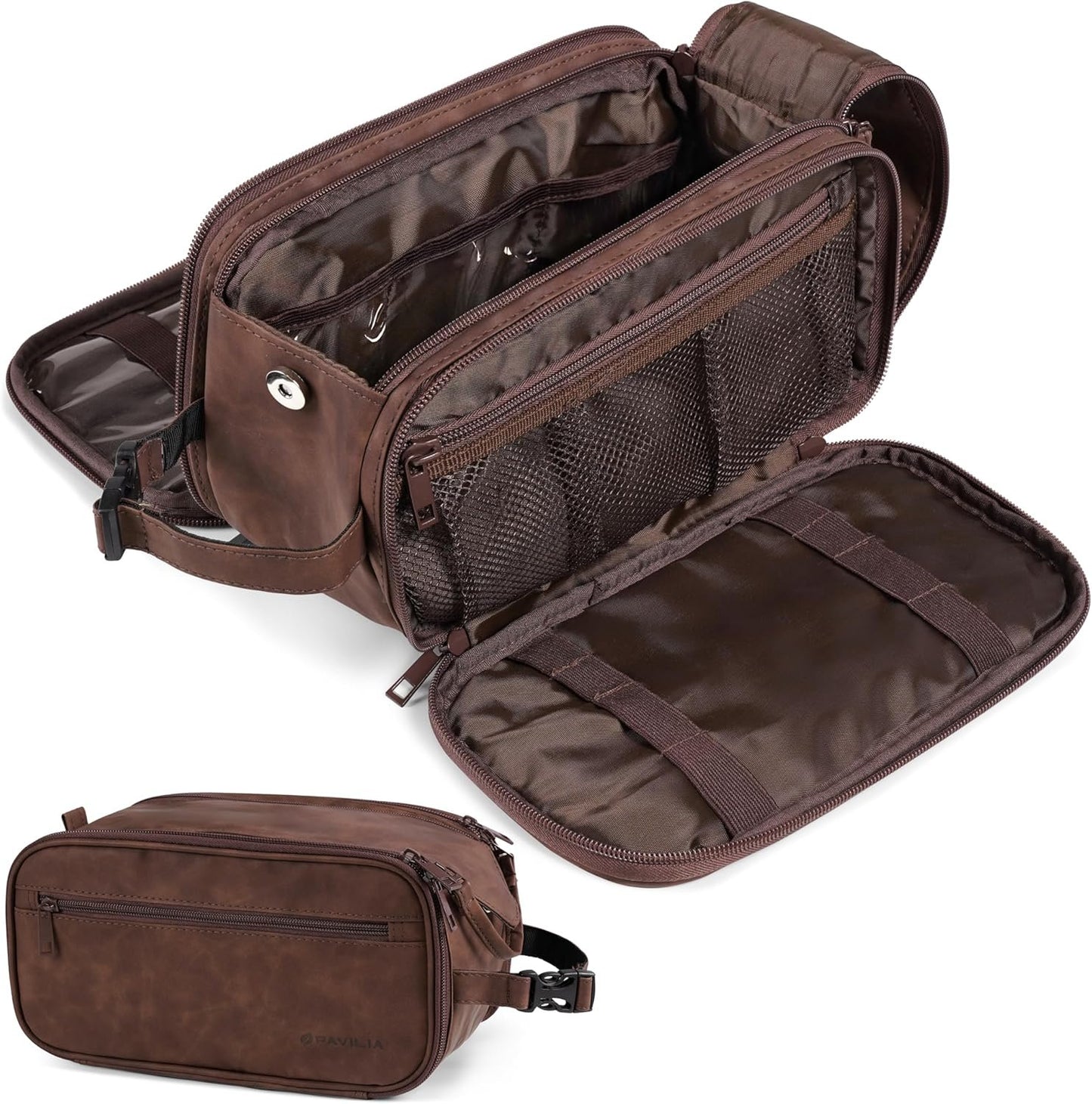 PAVILIA Toiletry Bag for Men Women, Mens Travel Bag Toiletries Organizer Case for Grooming, Travel Essentials Shaving Dopp Kit, PU Leather Water Resistant Cosmetic Pouch, Black, Dark Brown, Extra