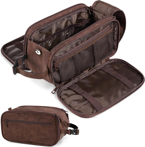 PAVILIA Toiletry Bag for Men Women, Mens Travel Bag Toiletries Organizer Case for Grooming, Travel Essentials Shaving Dopp Kit, PU Leather Water Resistant Cosmetic Pouch, Black, Dark Brown, Extra